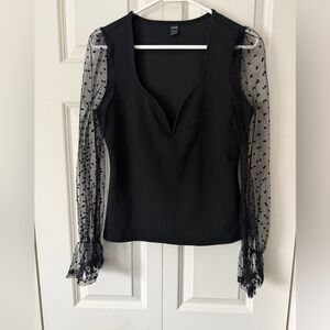 SHEIN Black Blouse with Sheer Polka Dot Sleeves